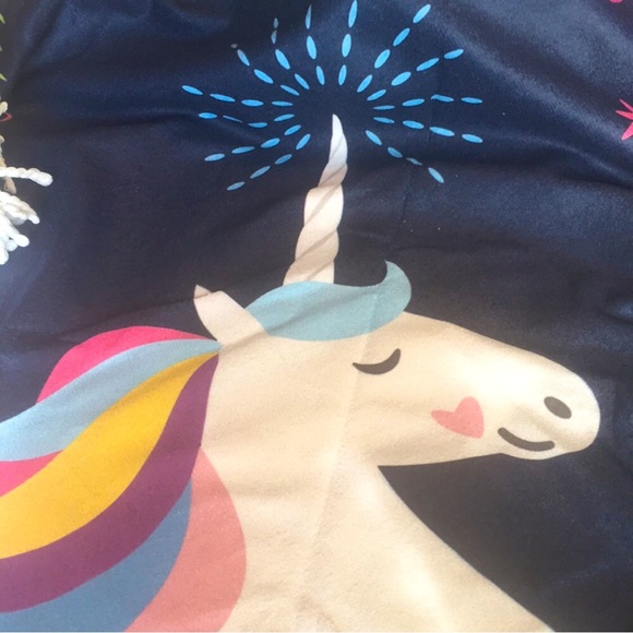 Navy Blue Cartoon  Unicorn Flowers Stars RoundBeach Towel NWOT - Picture 4 of 7